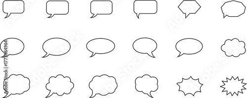 Collection of black outline speech bubbles and thought clouds on white background thought bubble comic 2