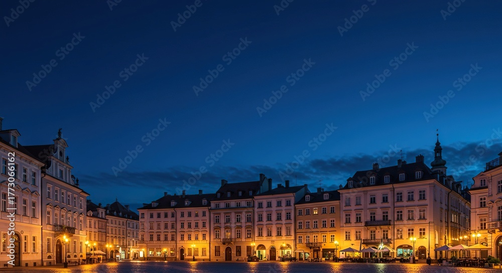 Naklejka premium A dramatic wide-angle view of illuminated, historic architectural buildings against a dark blue sky, capturing the lively energy of a warm European evening ,destination ,nightlife ,highrise