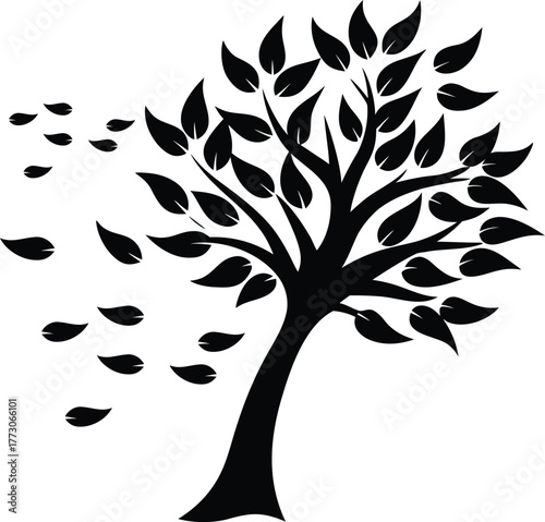 Silhouette of a Tree with Leaves Blowing in the Wind
