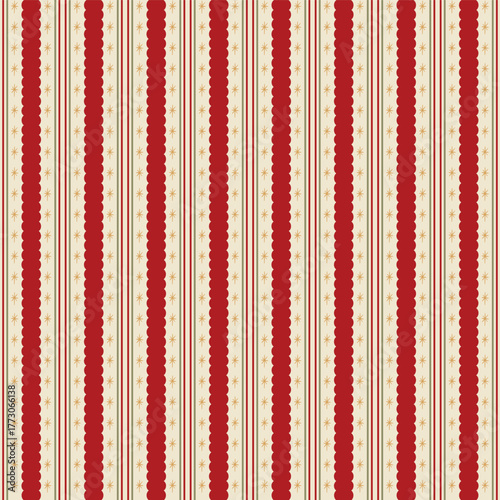 Christmas wavy red stripes with gold stars pattern design. Winter holiday gift paper, vertical striped wallpaper, repeat background, textile design, print. Vector illustration.