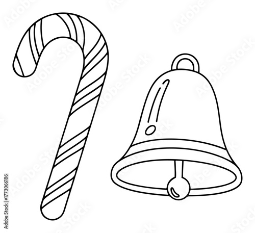 Candy cane and jingle bell outline vector christmas icons for coloring stickers and festive design
