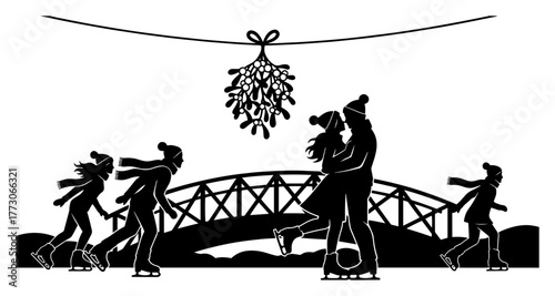 Romantic Couple Ice Skating Under Mistletoe Winter Scene Vector Silhouette
