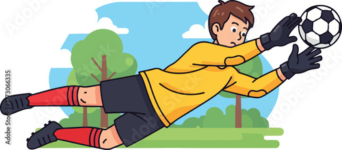 Goalkeeper dives to save a soccer ball during a game on a bright, sunny day.