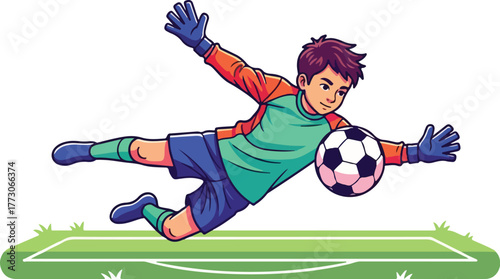 A young boy goalkeeper dives to block a soccer ball during a game on a green field.