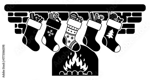 Christmas fireplace with hanging stockings stuffed with gifts silhouette vector cozy holiday hearth decor