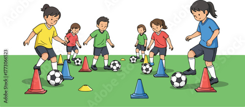 Young children practicing soccer skills, dribbling around cones on green field.