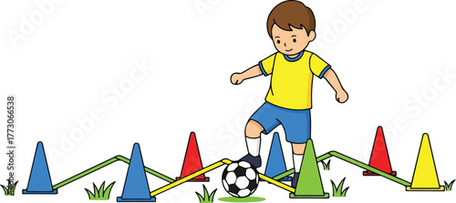 A young boy dribbles a soccer ball through agility cones during training on grass.