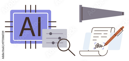 AI chip with controls, magnifier, data report, signature, and funnel. Ideal for AI, technology, innovation machine learning automation decision-making data analysis. Simple flat metaphor