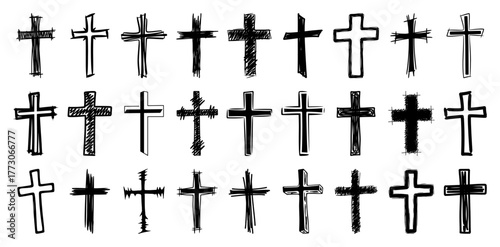 Hand Drawn Christian Cross Doodle Sketch Vector Set