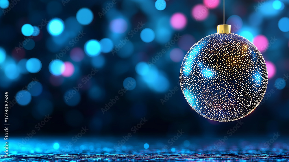 Fototapeta premium Golden Christmas ornament on shimmering blue background with festive bokeh lights, elegant holiday decoration concept, luxury New Year celebration scene.