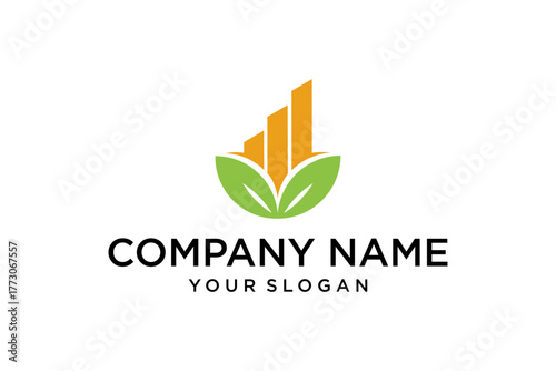 Sustainable Growth Business Logo with Green Leaves and Bar Chart Icon