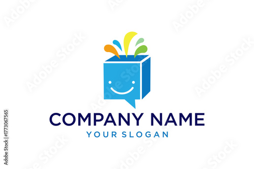 Creative Communication Logo Template with Happy Speech Bubble and Colorful Splashes