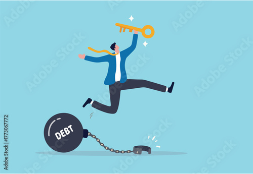 Debt free or freedom for pay off debts, loan or mortgage, solution to solve financial problem, savings or investment to break free, happy businessman holding golden key after unlock debt burden chain.