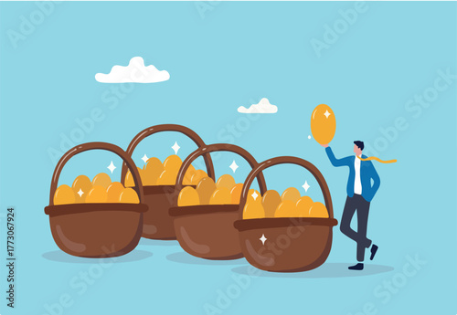 Diversification, investment portfolio strategy to reduce risk and maximize return, earning and profit, asset allocation concept, businessman holding golden eggs diversify by putting in many baskets.