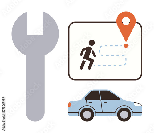 Large wrench, map with marker and person in motion, blue car at rest. Ideal for navigation, travel, auto repair, maintenance, service tracking logistics and journey planning. Simple flat metaphor