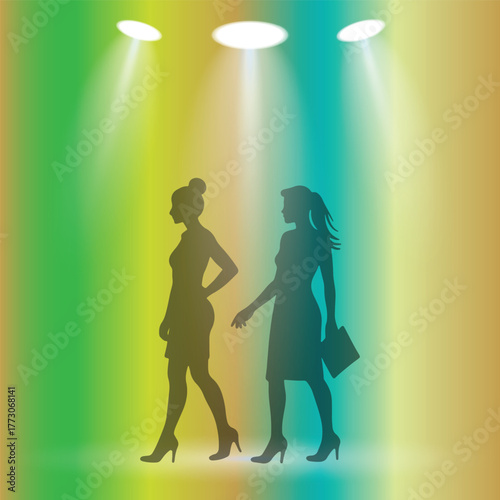 Fashionable Women Silhouette Illustration with Lights and Gradient Background