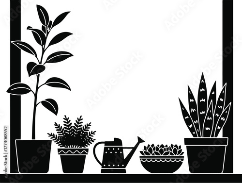 Garden silhouette vector of potted plants