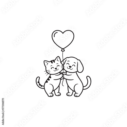 A charming cat and dog embrace with a heart shaped balloon silhouette