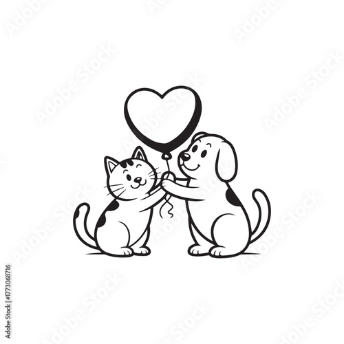 A charming cat and dog share a heart shaped balloon silhouette