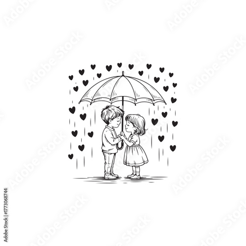 Couple sharing an umbrella in the rain with falling hearts silhouette