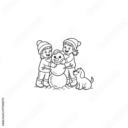 Children building a snowman with a dog a winter scene silhouette