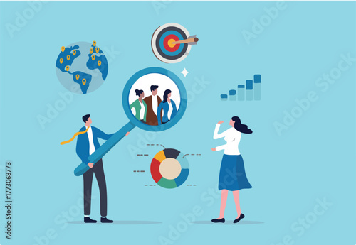 Customer research for marketing, study user behavior or analyze target group for advertising and marketing concept, businessman looking at big magnifier with customer group to see data analysis.