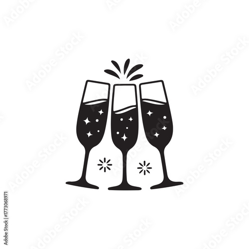 Three champagne glasses toasting with sparkling lights a celebratory silhouette