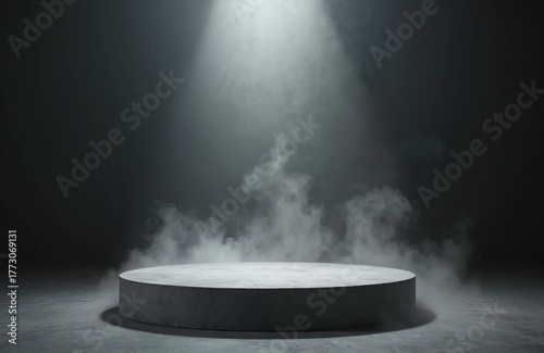 Wallpaper Mural Round concrete podium stands in dark room. White smoke surrounds base, illuminated by bright spotlight from above. Empty stage perfect for product, dramatic presentations, modern abstract design Torontodigital.ca
