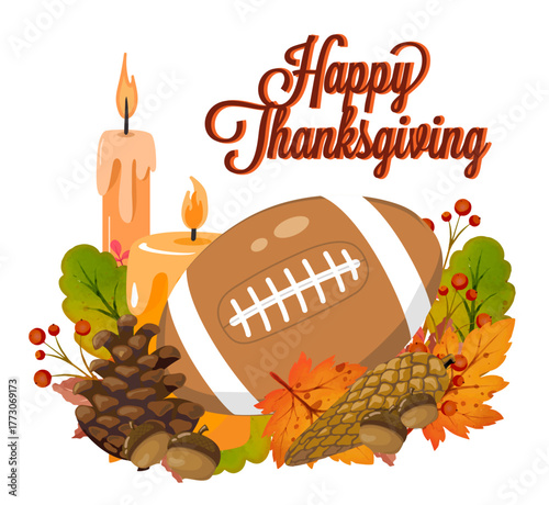 Celebrate Thanksgiving with football, a golden trophy, pumpkins, and autumn leaves. A bold seasonal design for sports fans.