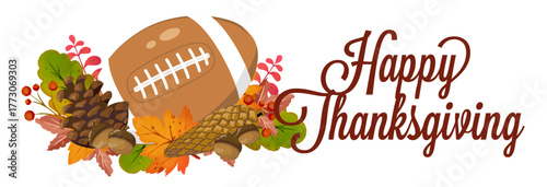 Celebrate Thanksgiving with football, a golden trophy, pumpkins, and autumn leaves. A bold seasonal design for sports fans.