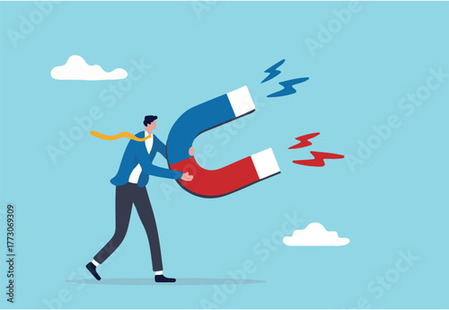 Business attraction or charisma with power to draw or attract business opportunity, money or customers concept, businessman holding high power magnet to attract all benefits.