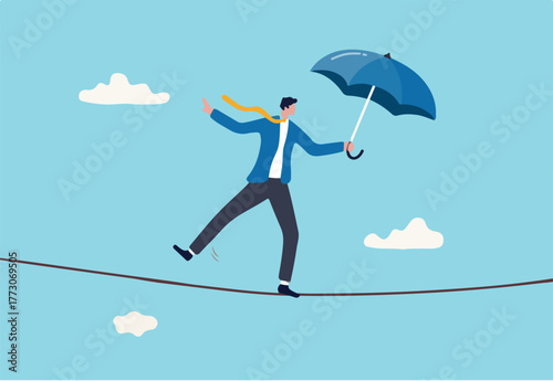 Business or investment risk protection, challenge, danger and difficulty to overcome to success in work and career concept, confident brave businessman ropewalker equilibrium walk on high tight rope.