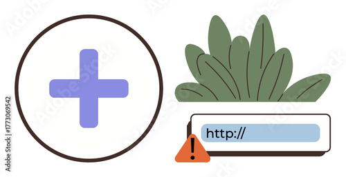 Blue add icon next to URL with warning indicator and green foliage background. Ideal for security, error, technology, nature, web design, solutions, and digital communication. A simple flat metaphor