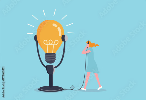 Motivation podcast, listen to inspiration idea for self improvement and career development, success story concept, inspired woman using headphone to listen to big lightbulb idea podcast microphone