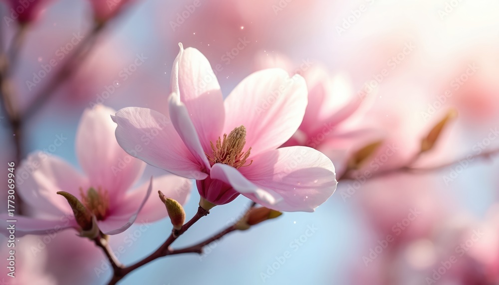 Obraz premium Pink magnolia tree branch in soft sunlight. Delicate petals bloom on a sunny spring day. Gentle floral background for beauty and nature themes.