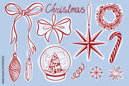 Hand drawn Christmas clipart set with bows, ornaments, snowflake, star, and decorations. Vector illustrations.