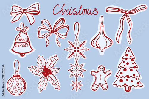 Set of hand drawn Christmas elements with tree, stars, gingerbread cookie, bow, ribbon, bell, and snowflake. Vector illustration.