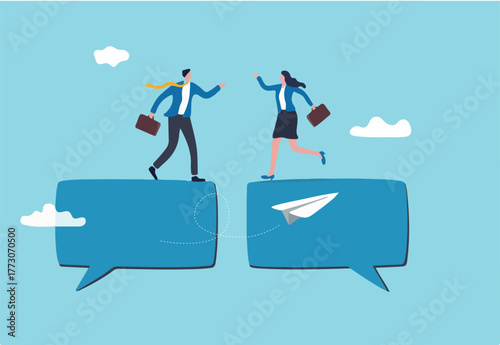 Communication or work discussion, sending message or telling new idea, brainstorming to gather information and solution concept, businessman and woman having conversation on chat speech bubble