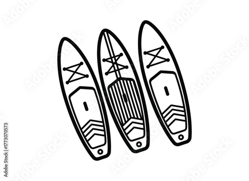 Three stylized paddleboards are depicted in a simple outline drawing on a white background.