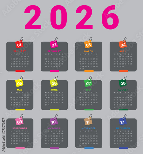 Planner 2026 in English language. Week start Monday, corporate design template. Calendar 2026 template, Set Desk Calendar 2026 design. Wall calendar, Set of 12 Months. Poster, printing