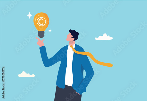 Copyright reserved, trademark intellectual property protection, original idea or innovation, legal or law protection registered concept, businessman holding light bulb idea with copyright symbol. 