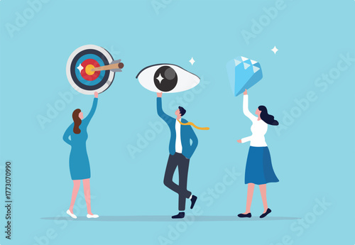 Mission, vision and value, company statement to drive success, strategy plan or leadership principle for employee to reach target concept, business people holding mission, vision and value elements.