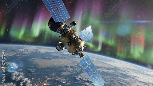 Satellite orbiting Earth with vibrant auroras in the background, showcasing space technology and beauty