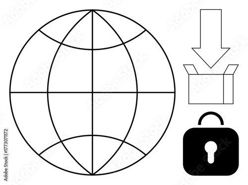 Globe grid representing global reach, arrow pointing to a box for packaging, padlock suggesting secured data. Ideal for logistics, cybersecurity, global business, digital security, e-commerce