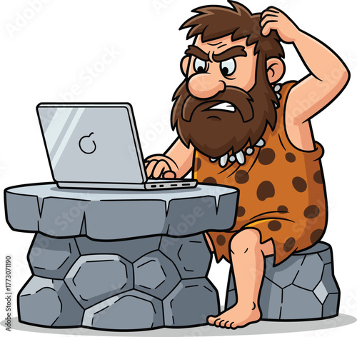 Cartoon caveman using laptop, prehistoric man confused by technology, stone age meets modern device, funny illustration, tech parody vector artwork