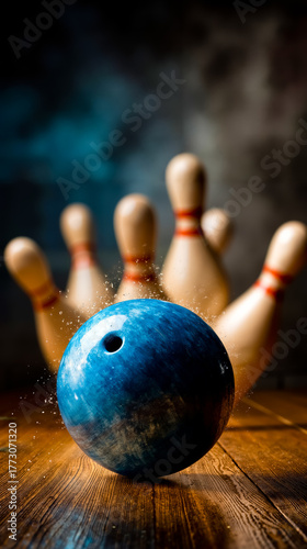 A blue bowling ball is in motion hitting a row of wooden pins