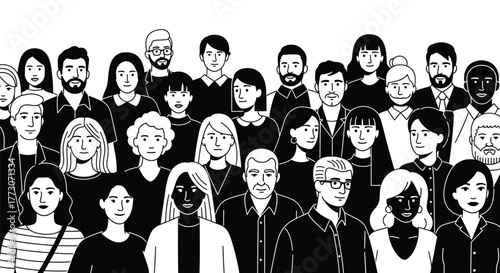 A diverse crowd of stylized people are illustrated in black and white, representing a community.