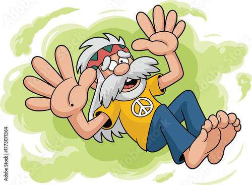  Cartoon hippie character floating, peace symbol shirt, expressive pose, psychedelic swirl background, funny retro illustration, groovy vector artwork design