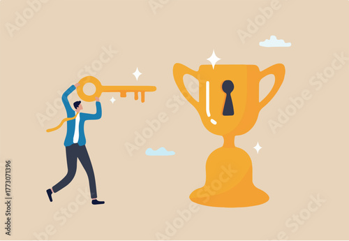Unlock key to success, solution to achieve winning opportunity, chance or challenge, ambition or motivation to succeed in life, hard work, businessman with key to success to unlock winning trophy.