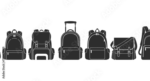 A collection of diverse backpacks and luggage are displayed in a clean, graphic illustration against a white background.